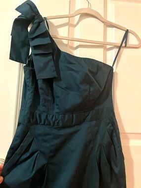French Connection One-Shoulder Dark Teal Dress with Bow Detail